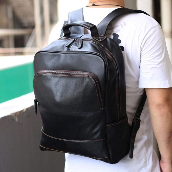 

backpack men genuine leather large 14 inch lapshoulders anti-theft waterproof travel