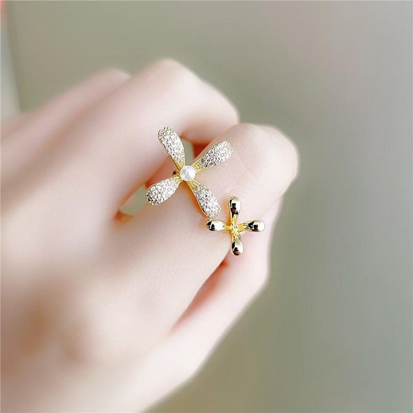 

cluster rings micro pave cz double flower open ring adjustable women luxury finger jewelry brass bague femme, Golden;silver