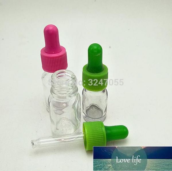 Flacone contagocce cosmetico vuoto in vetro trasparente da 5 ml con parte superiore in vetro rosa, contenitore/fiale per olio essenziale con pipette verdi creative