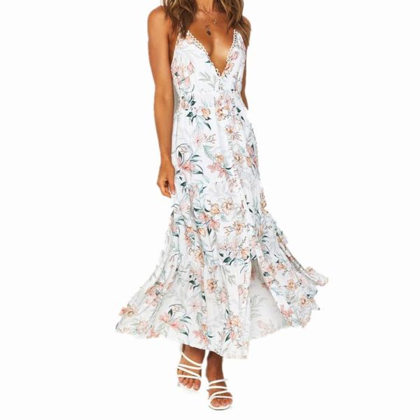 

casual dresses 2021 v-neck spaghetti strap boho beach dress summer women print sundress high waist a-line backless vestidos, Black;gray