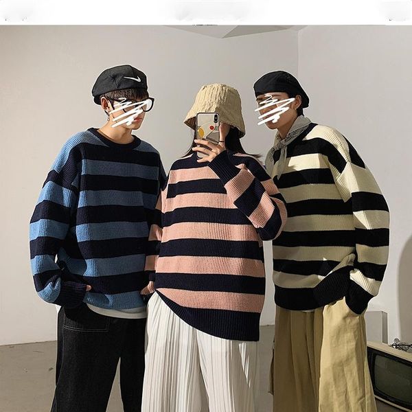 

men's sweaters striped men 2021 autumn korean style pullovers harajuku streetwear male clothing couple sweater, White;black