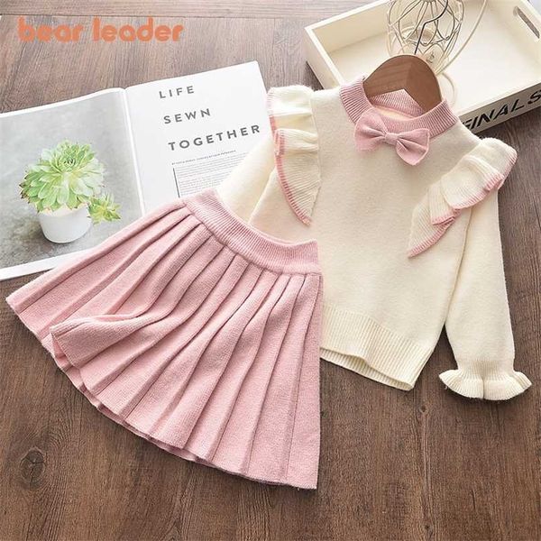 Bear líder meninas inverno roupas conjunto de manga longa camisola camisola saia 2 pcs roupas terno arco roupa bebê roupas para crianças roupas meninas 211021