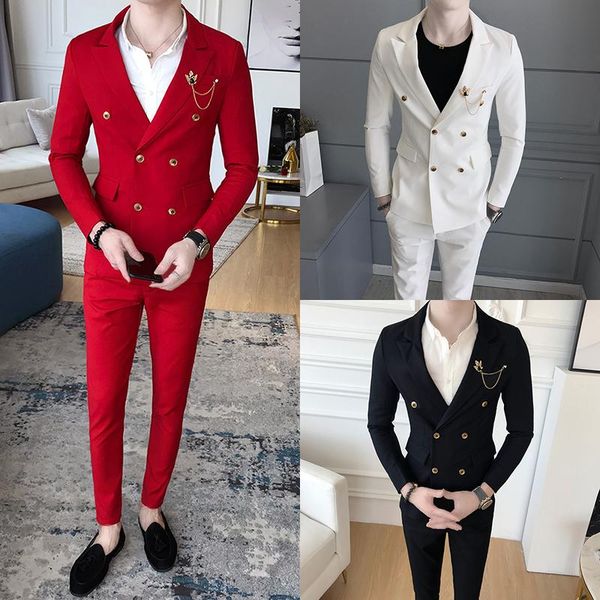 

men's suits & blazers korean version of the slim handsome red small suit long-sleeved double-breasted two-piece trend, White;black