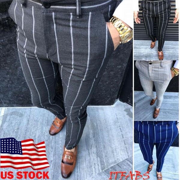 

fashion men's formal striped pants slim fit casual business office long trousers male smart clothing, Black