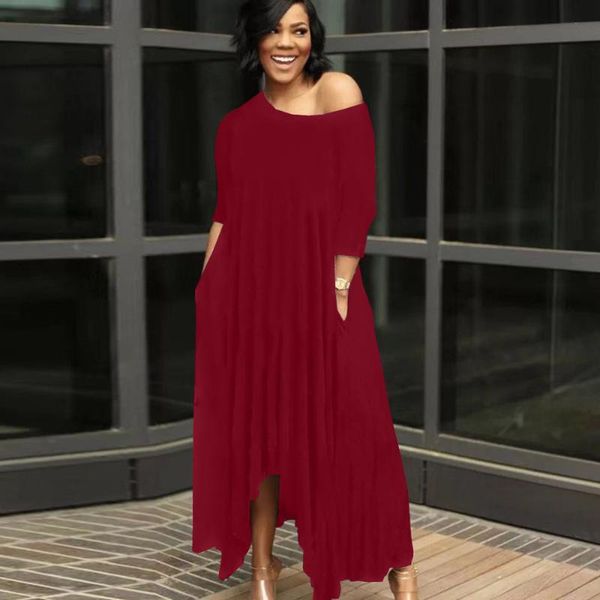 

casual dresses one shoulder asymmetrical pleated irregular dress women half sleeve backless big swing solid plus size loose robe, Black;gray