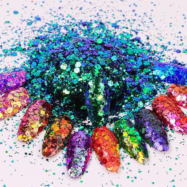

nail glitter holographic flakes mixed-size laser purple/red chameleon for nails paillette dust set polish manicure accessory, Silver;gold