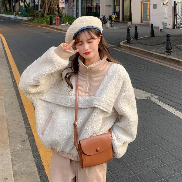 

vintage streetwear zipper design turtleneck wool hoodies autumn winter long sleeve fluffy lamb sweatshirt loose pullover women's & swea, Black