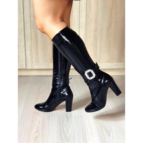 

boots black japanned leather crease buckled cubic zirconia season modern design wedges high heel stone buckle detail women's shoes