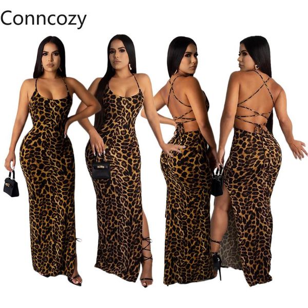 

bandage long dress floor length women's summer clothing fashion backless street leopard print split dresses vestidos mujer casual, Black;gray