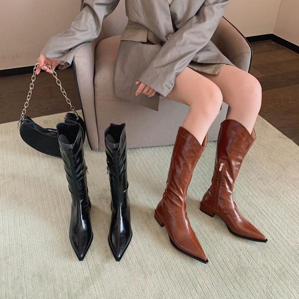 

boots autumn fashion slim side zipper pointed toe high flat heel women's, Black