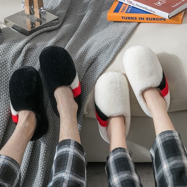 

cotton slippers female family lovers indoor thick sole warm plush home winter cotton shoes male, Black