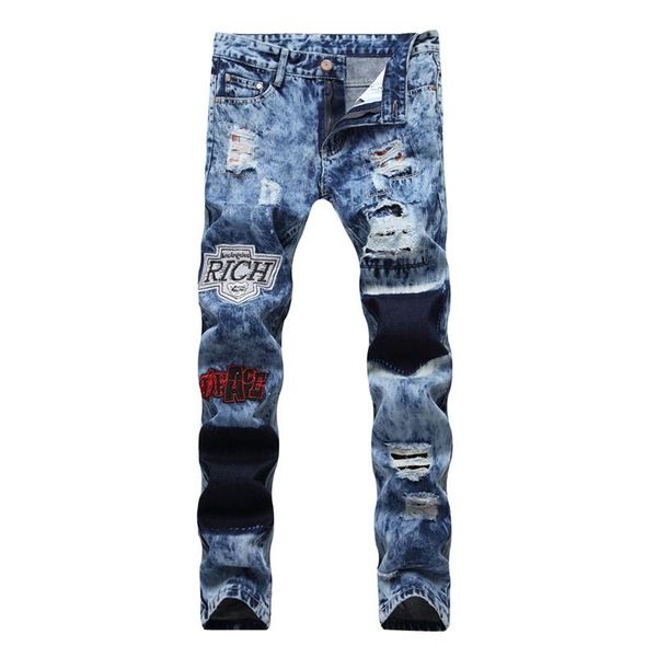 

young men's fashion casual stretch slim patch snowflake jeans classic trousers denim pants male men, Blue