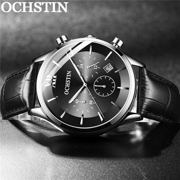 

wristwatches ochstin man wristwatch chronograph auto date sport men watch military black genuine leather male clock 6129, Slivery;brown