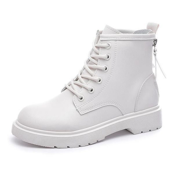 

boots 2021 ins woman real leather ankle lace up motorcycle shoes short winter warm platform heel footwear, Black