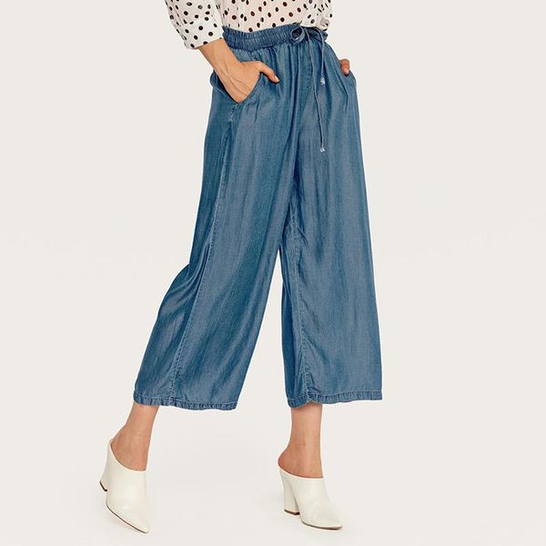 

women's pants & capris wide leg women elastic high waist loose trousers 2021 spring tencel denim blue self belted straight palazzo, Black;white