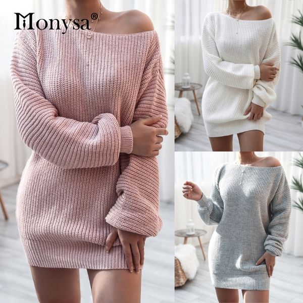 Off Shoulder Strickpullover Kleider für Frauen Herbst Winter Laterne Langarm Kleid Damen Casual Kleid Rosa Weiß Grau 210320