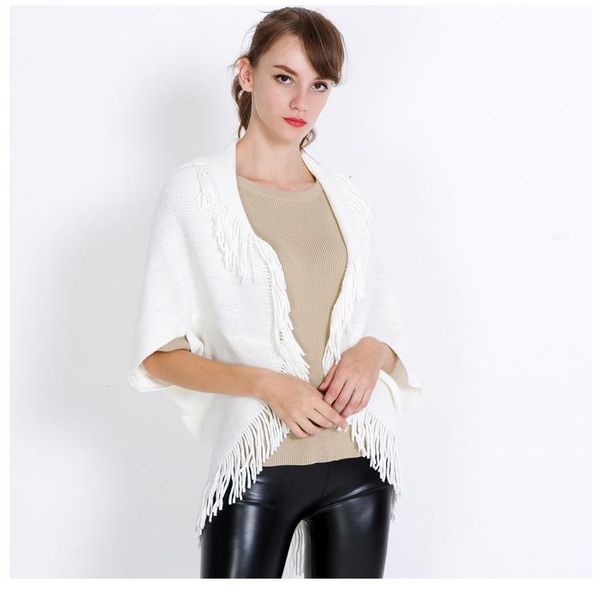 

women's knits & tees autumn/spring loose bat sleeve sweater coat knit stylish batwing tassel casual cardigans fashion cape, White