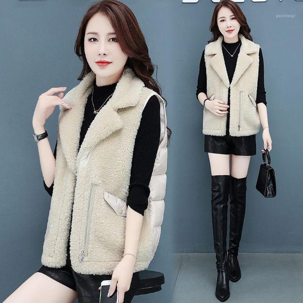 

notched casual patchwork lamb wool fall winter korean loose short down cotton vest fashion jacket women trend waistcoat y1329 women's v, Black;white