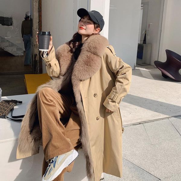 

women's fur & faux women removable collar and liner long windbreaker jacket parka 2021 winter fashion overcoat streetwear outerwear, Black