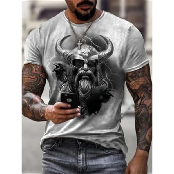 

2021 new summer menswear slim fit viking myth print crew neck casual sports 3d t-shirtdml1, White;black