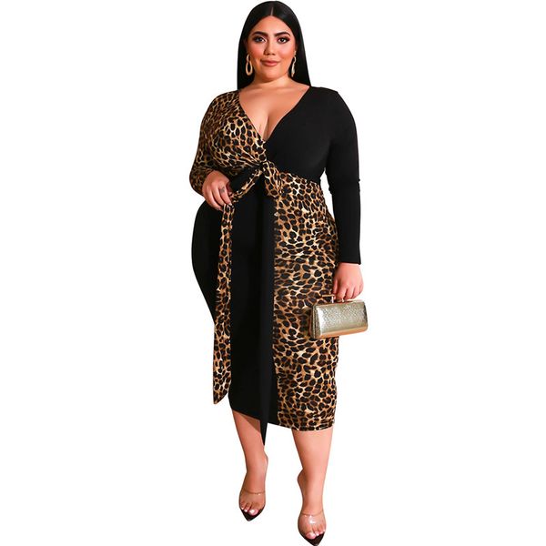 Plus Size Kleid Damen Leopardenkleid Lace Up Sexy V-Ausschnitt Winter Langarm OL Hohe Taille Bleistiftkleider Großhandel Dropshipping X0521
