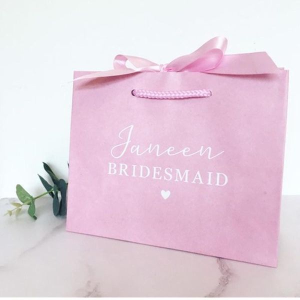 

gift wrap personalised pink bag with ribbon. bridesmaid bag. flower girl bridal party, baby girl, hen do. wedding