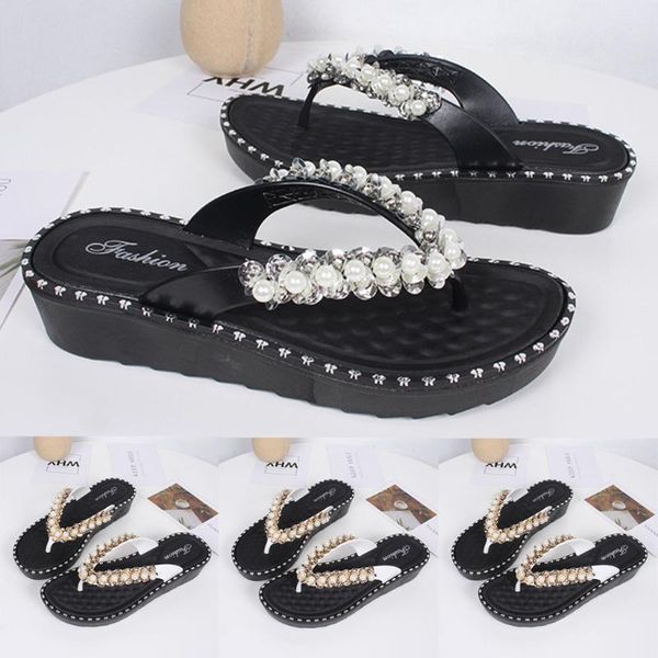 

slippers women summer solid color wild beach wedges thick bohemian style bottoms high-heel flip flops shoe, Black