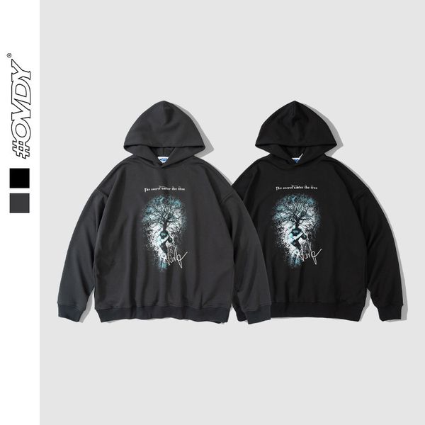 

wxwovdy men's 2021 autumn winter new fashion brand personality mysterious fort print loose hooded sweater men, Black