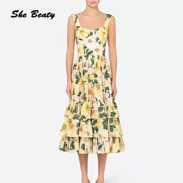 

casual dresses she beaty yellow flower printed midi women dress sleeveless high street boho beach summer party runway 2021 fahion, Black;gray