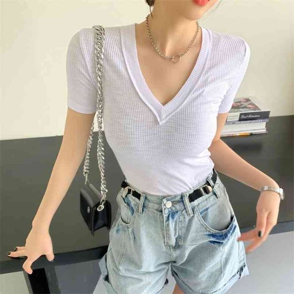 

summer ribbing tight v collar short sleeve t-shirt women's women fashion clothing 210507, White