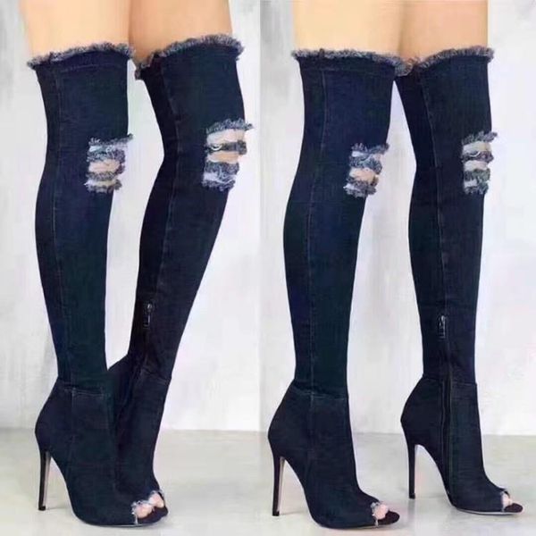 

boots 2021 fashion women high heels spring autumn peep toe over the knee tight stiletto jeans, Black