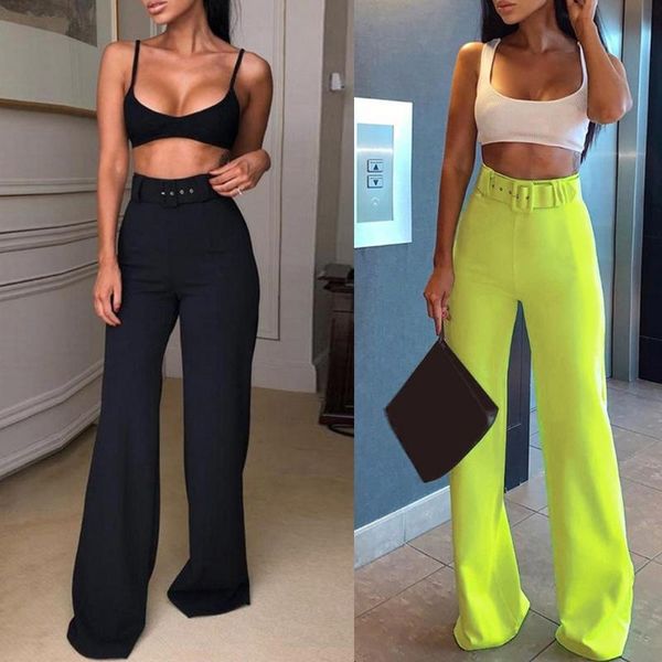 

women mid rise slim wide leg straight long pants fluorescent neon solid color ladies casual trousers clubwear with belt women's & capri, Black;white