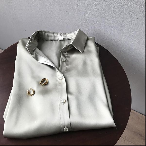 

high women shirt quality satin blouse summer blouses office long sleeves female loose street shirts 0726, White
