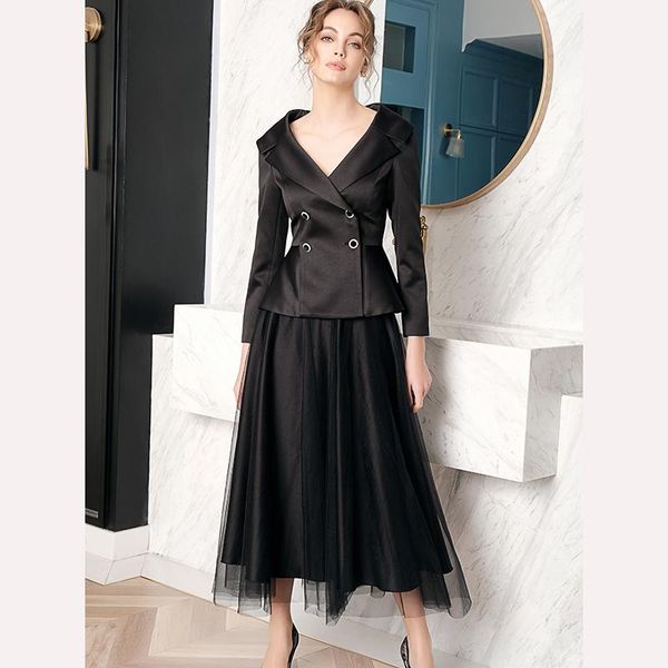

two piece dress lanmrem 2021 spring summer solid color v-neck double breasted coat and a-line mesh temperament loose skirt women pd826, White