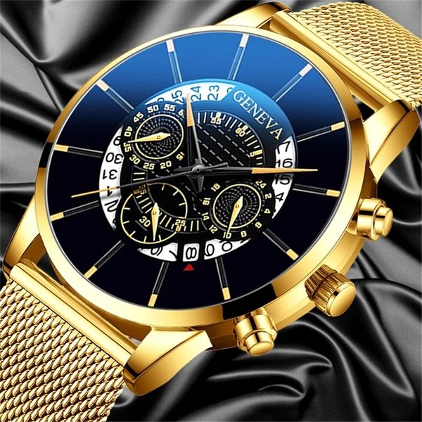 Moda de luxo Moda de negócios Calendário de negócios relógios azul de malha de aço inoxidável análogo relógio de quartzo relogio masculino mens relógio 220212