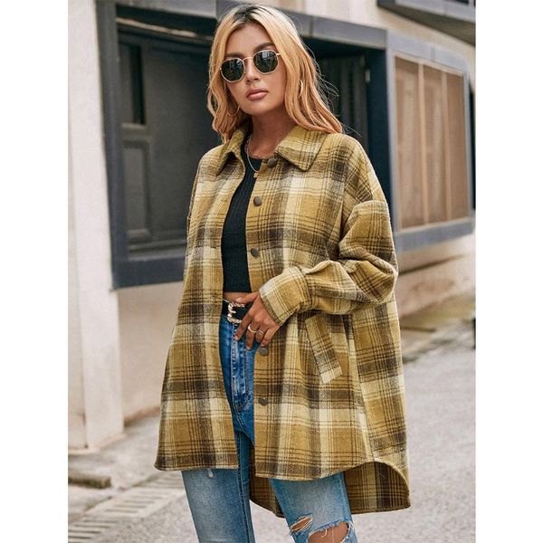 

women's jackets coat fashion loose casual plush plaid single-breasted shirt cashmere mid-length 2021 outerwear overcoat, Black;brown