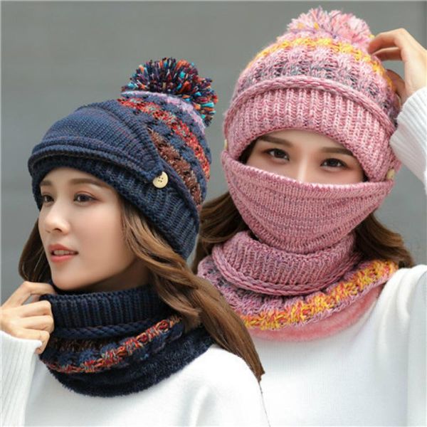 

beanie/skull caps 2021 hat winter women's mask for girls scarf thick warm fleece inside knitted set 3pcs riding fashion hats, Blue;gray