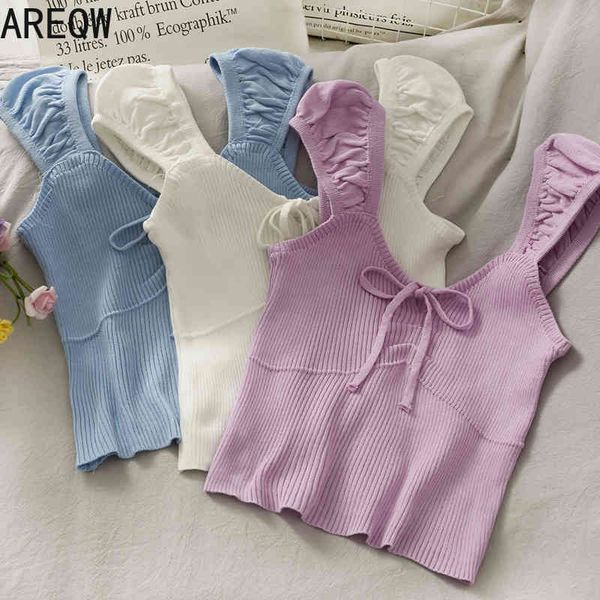 

mini fresh short v-neck lace up knitted vest for women 210507, White