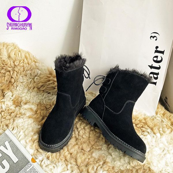 

boots aimeigao 2021 winter casual flock fur snow women warm thicken back strap shoes female solid platform ankle, Black