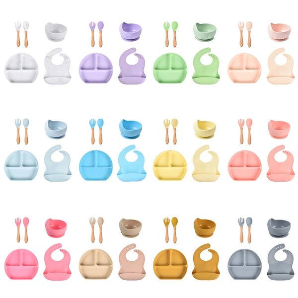 

5 pcs baby silicone bibs divided dinner plate sucker bowl spoon fork set training feeding food utensil dishes tableware kit for
