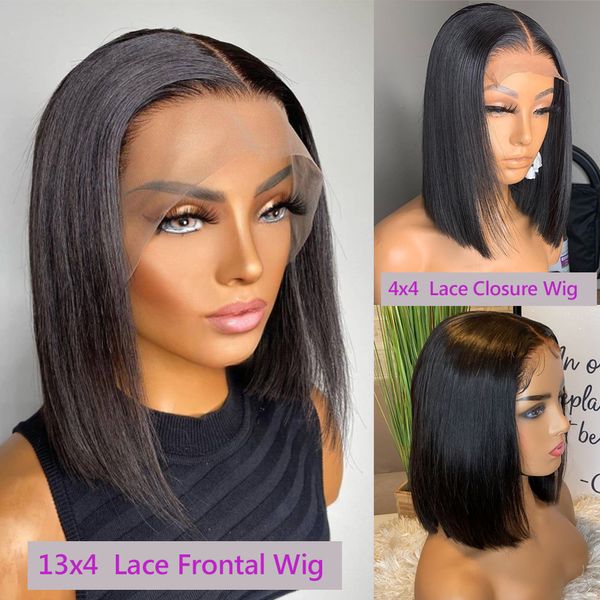 

bob bone straight lace frontal human hair wigs 13x4 1016 inches preplucked natural hairline 4x4 short bob lace closure wig, Black