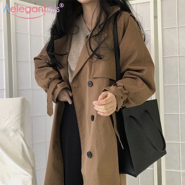 Aelegantmis Vintage lose Trenchcoat Frauen koreanische beiläufige lange Oberbekleidung mit Gürtel Mode zweireihige Windjacke weibliche OL W4PG