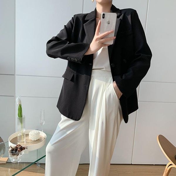 

women's suits & blazers [ewq] korea chic temperament black blazer autumn 2021 notched loose single breasted split long sleeve suit jack, White;black