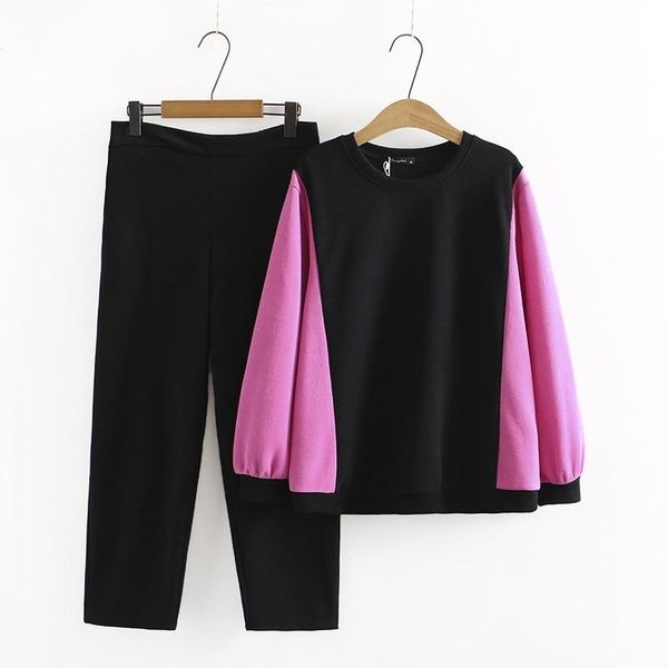 

plus size tracksuits women's patchwork 2pieces spring autumn suites long sleeve hoodie + elastic waist pants casual sportswear sets, Black