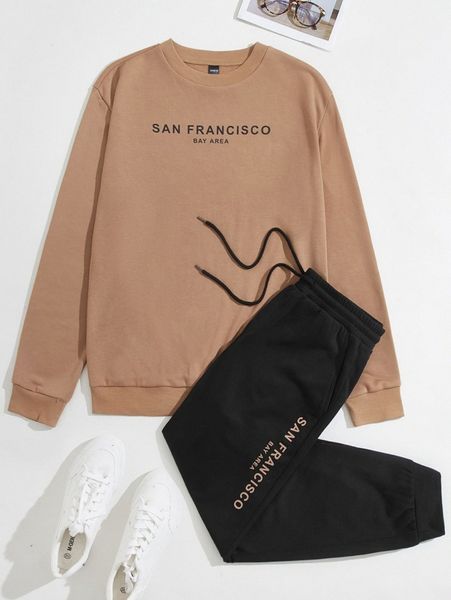 

men letter graphic sweatshirt & drawstring waist sweatpants d329#, Gray