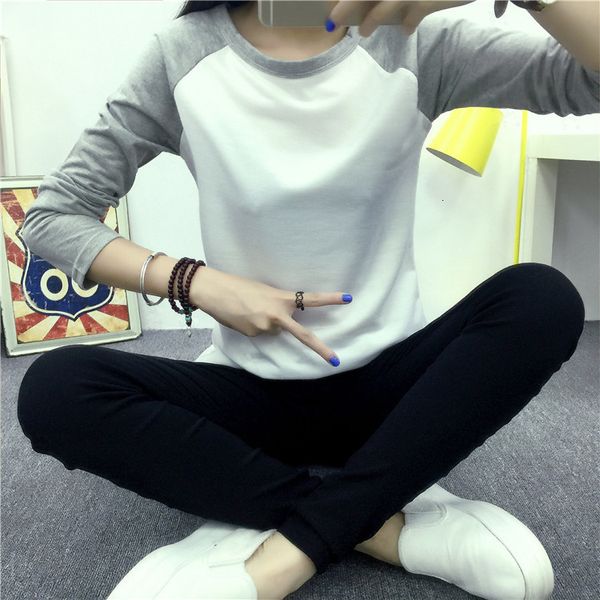 

women's hgfs autumn women striped splicing baseball t-shirt fashion o neck long tee female all matched sleeve shirt, White