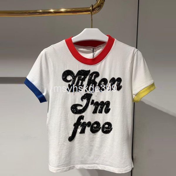 

women's t-shirt french alive spring and summer color contrast nail bead short sleeve versatile slim cotton t-shirt women's top, White