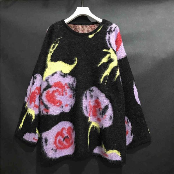 

rose pattern loose lazy wind mohair pullover sweater medium long casual sweater, White