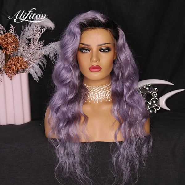 

long purple ombre human hair wigs natural side part body wave remy brazilian pre-plucked lace front, Black;brown