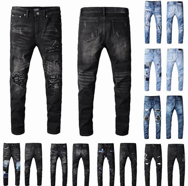 

mens designer jeans distressed ripped biker slim fit motorcycle bikers denim men fashion black pants pour hommes hip-ho, Blue